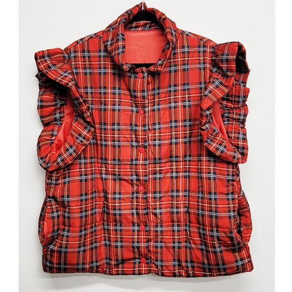 NEW Red Plaid Puffer Ruffle Sleeveless Lightweight Vest XXL - Picture 4 of 11